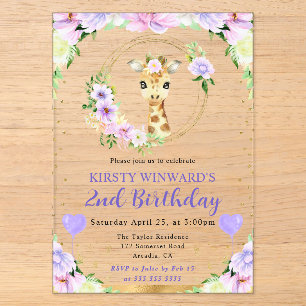 Invitations En Acrylique Aquarelle Anniversaire Enfants Girafe Jungle Migno