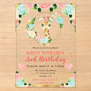 Invitations En Acrylique Aquarelle Anniversaire Enfants Girafe Jungle Migno