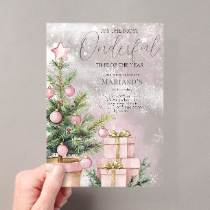 Invitations En Acrylique aquarelle Arbre de Noël rose 1er anniversaire