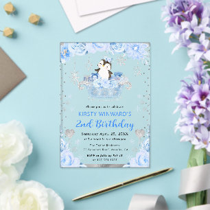 Invitations En Acrylique Aquarelle Arctic Penguin Floral 2e anniversaire