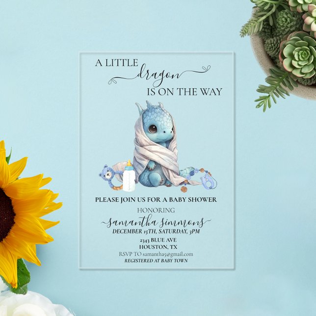 Invitations En Acrylique Aquarelle baby shower Bleu Dragon (Créateur téléchargé)