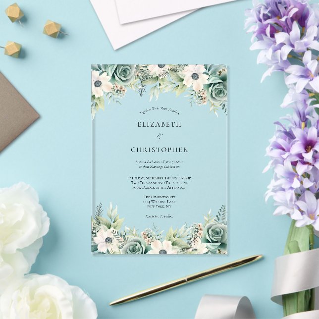 Invitations En Acrylique Aquarelle blanche Sage Vert Mariage (Insitu (Mariage))