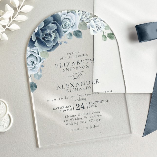 Invitations En Acrylique Aquarelle bleu Dusty Floral Mariage élégant (Créateur téléchargé)