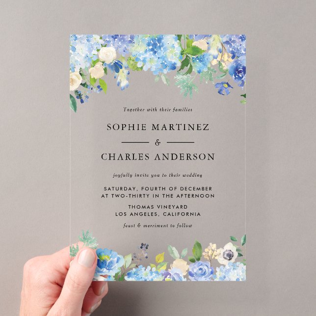 Invitations En Acrylique Aquarelle bleu Hydrangea Mariage botanique (In situ (ordinateur de poche))