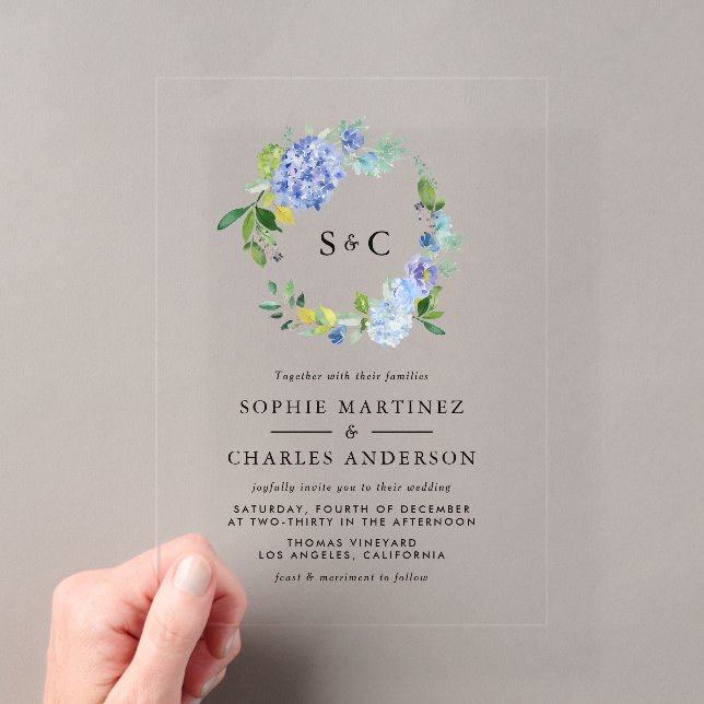 Invitations En Acrylique Aquarelle bleu Hydrangea Mariage de couronnes (In situ (ordinateur de poche))