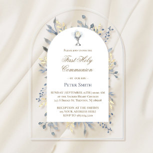 Invitations En Acrylique aquarelle bleue feuillage Première sainte communio
