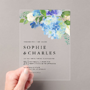 Invitations En Acrylique Aquarelle bleue Hydrangea Hiver Floral Mariage