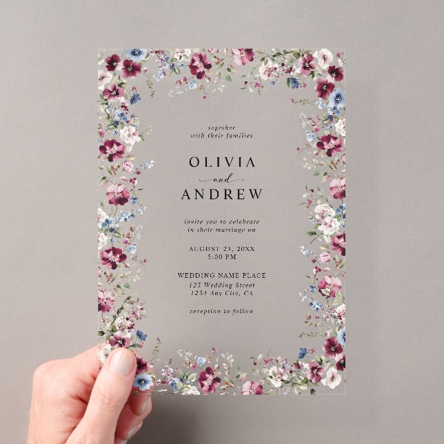 Invitations En Acrylique Aquarelle Burgundy Marine Bleu Floral Mariage (In situ (ordinateur de poche))