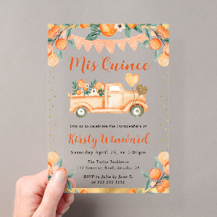 Invitations En Acrylique Aquarelle camion orange et fleurs Quinceanera 