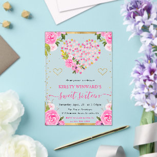 Invitations En Acrylique Aquarelle Cœurs Fleurs Or Rose Sweet 16