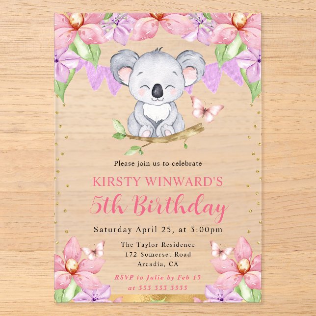 Invitations En Acrylique Aquarelle Cute Koala & Fleurs tropicales Anniversa (Recto)