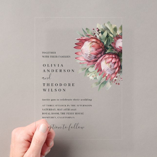 Invitations En Acrylique Aquarelle de Protea autochtone Boho floral Botaniq (In situ (ordinateur de poche))