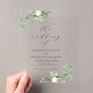 Invitations En Acrylique Aquarelle de verdure et fleurs blanches Mariage gr
