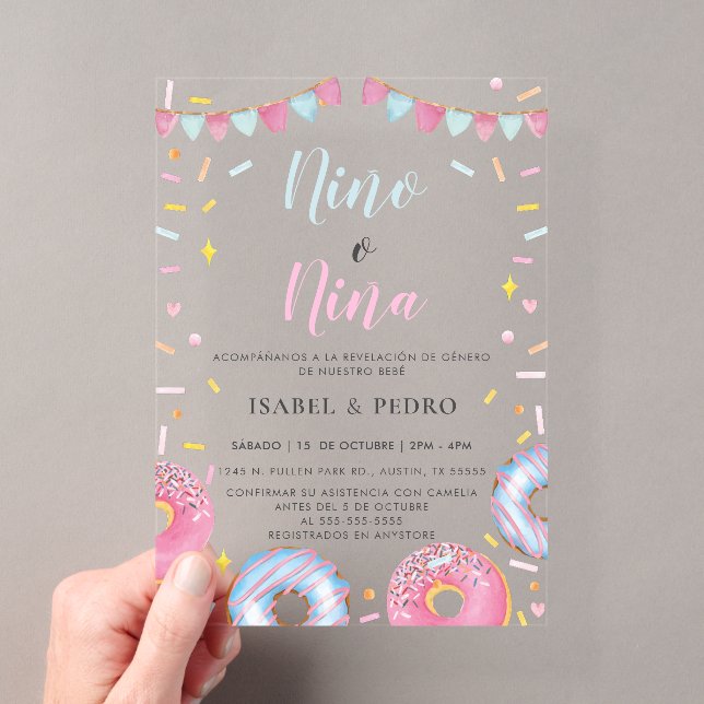 Invitations En Acrylique Aquarelle Donuts & Confetti Spanish Gender Revela (In situ (ordinateur de poche))