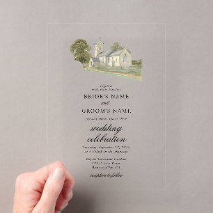 Invitations En Acrylique Aquarelle Eglise traditionnelle Monogramme Mariage