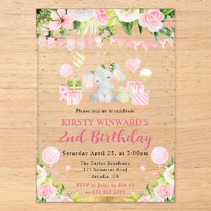 Invitations En Acrylique Aquarelle Éléphant de Jungle Rose Mignon Anniversa