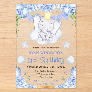 Invitations En Acrylique Aquarelle Éléphant Mignon et Roses Bleues Annivers