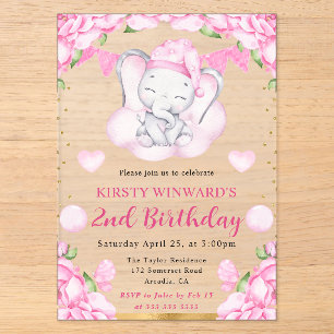 Invitations En Acrylique Aquarelle Éléphant Mignon et Roses Roses Anniversa