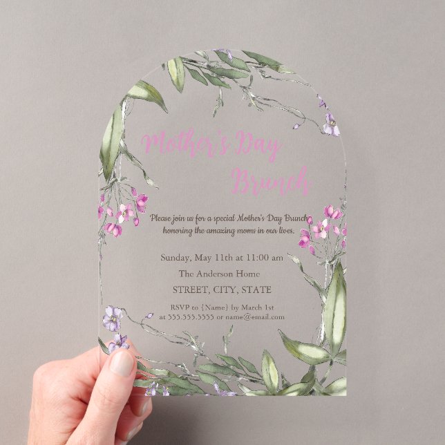 Invitations En Acrylique Aquarelle Fleur sauvage Pink Mère's Day Brunch (In situ (ordinateur de poche))