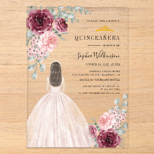 Invitations En Acrylique Aquarelle Floral Quinceanera 15e anniversaire