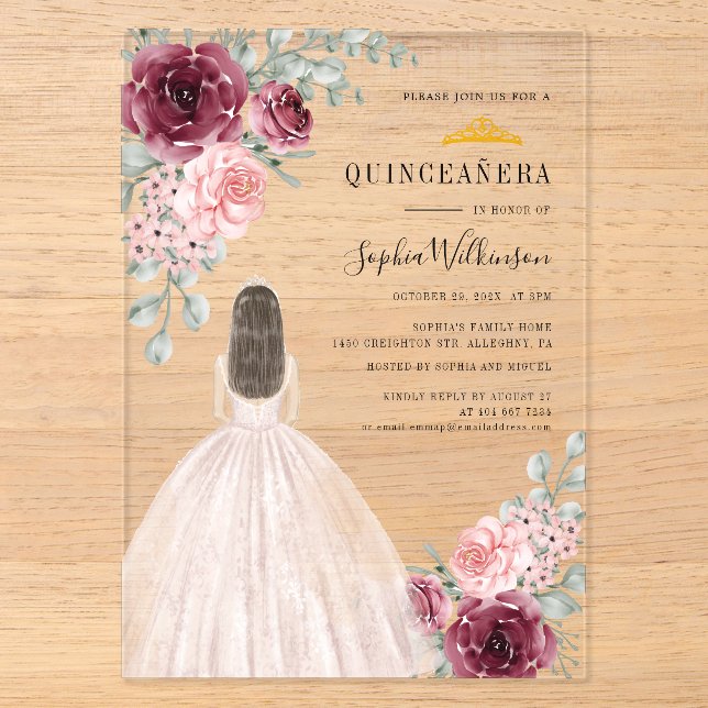 Invitations En Acrylique Aquarelle Floral Quinceanera 15e anniversaire (Recto)