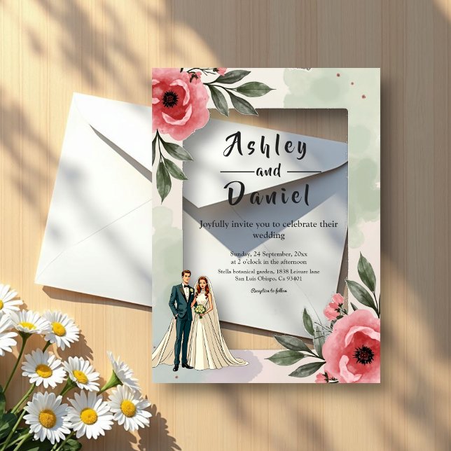 Invitations En Acrylique Aquarelle Floral Romantique Couple Mariage été (Créateur téléchargé)