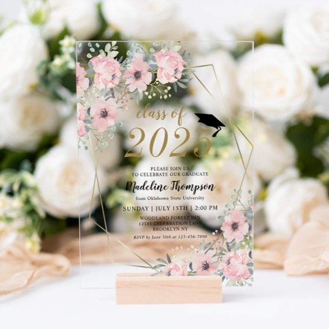 Invitations En Acrylique Aquarelle florale Dusty Blush Gold Graduation (Créateur téléchargé)