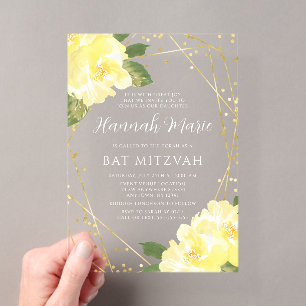 Invitations En Acrylique Aquarelle Jaune Floral Bat mitzvah or