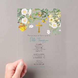 Invitations En Acrylique Aquarelle jaune Rose Fleur Jardin Garçon Baptême