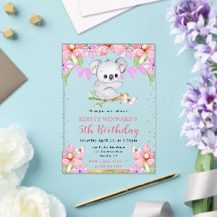 Invitations En Acrylique Aquarelle Koala Mignon & Fleurs Tropicales Anniver