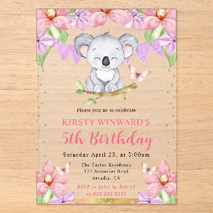 Invitations En Acrylique Aquarelle Koala Mignon & Fleurs Tropicales Anniver
