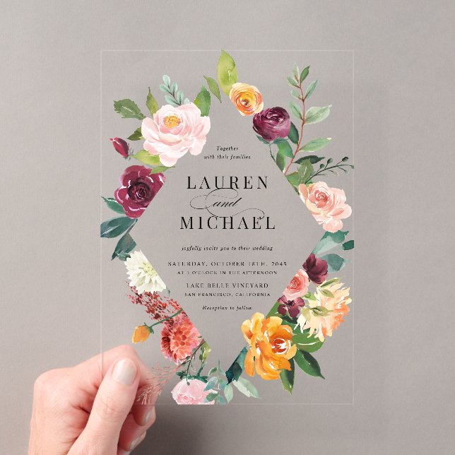 Invitations En Acrylique Aquarelle L'automne fleurit Floral Frame Mariage (In situ (ordinateur de poche))