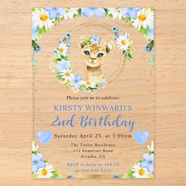 Invitations En Acrylique Aquarelle mignonne Anniversaire de enfant de Lion  (Recto)