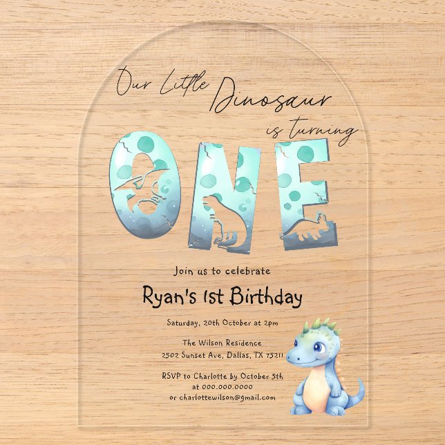 Invitations En Acrylique Aquarelle mignonne Bébé Dinosaure 1er anniversaire (Recto)