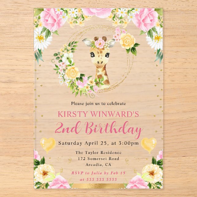 Invitations En Acrylique Aquarelle mignonne Jungle Giraffe Anniversaire de  (Recto)