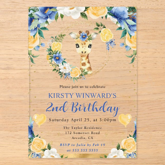 Invitations En Acrylique Aquarelle mignonne Jungle Giraffe Anniversaire de  (Recto)