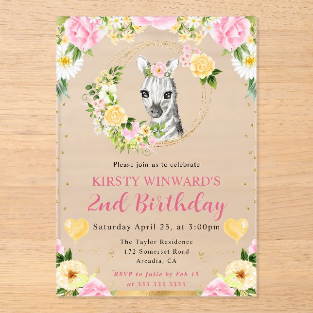 Invitations En Acrylique Aquarelle mignonne Jungle Zebra Anniversaire de en (Recto)