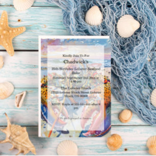 Invitations En Acrylique Aquarelle Océan marin Nautique Homard Anniversaire
