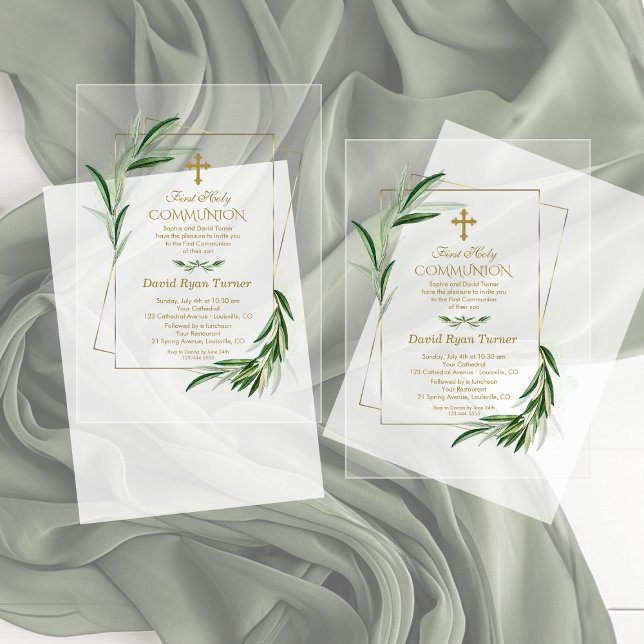 Invitations En Acrylique Aquarelle Olive Feuille Gold Boy Holy Communion (Créateur téléchargé)