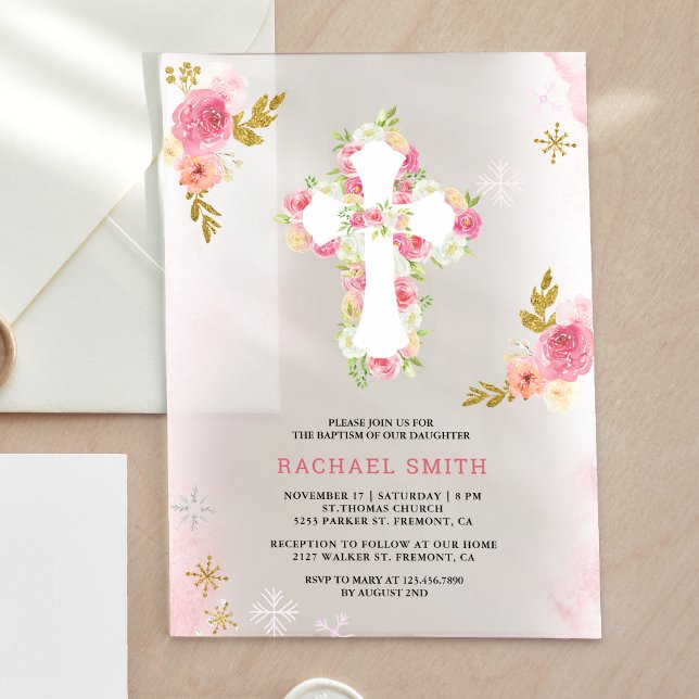 Invitations En Acrylique Aquarelle or rose pâle Baptême floral (Créateur téléchargé)