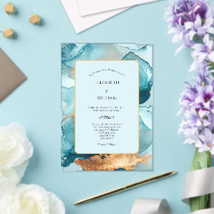 Invitations En Acrylique Aquarelle or turquoise Encre d'alcool Mariage mode