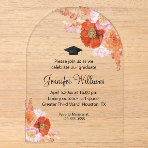 Invitations En Acrylique aquarelle orangé fleurie arc de graduation