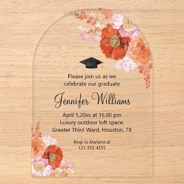 Invitations En Acrylique aquarelle orangé fleurie arc de graduation (Recto)