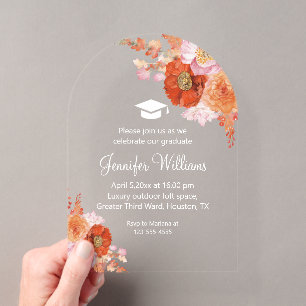 Invitations En Acrylique aquarelle orange fleurs moderne fête graduation