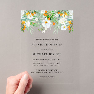 Invitations En Acrylique Aquarelle Orchidées blanches et kumquats Mariage