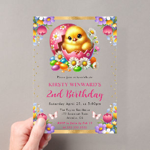 Invitations En Acrylique Aquarelle Pâques Poussin Fleurs de Printemps Anniv