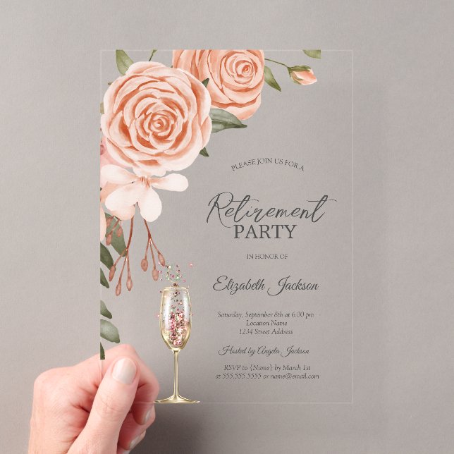 Invitations En Acrylique Aquarelle Peach Blush Flower Champagne Retirement (In situ (ordinateur de poche))