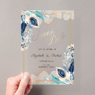 Invitations En Acrylique Aquarelle Peacock Floral Enregistrer La Date