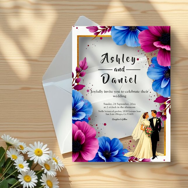 Invitations En Acrylique Aquarelle Purple Blue Flowers Mariage élégant (Créateur téléchargé)