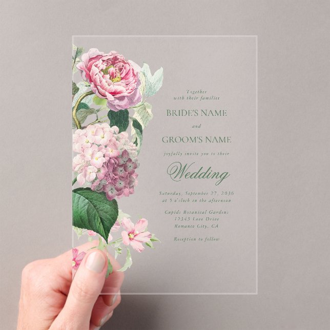 Invitations En Acrylique Aquarelle romantique Fleurs roses Mariage de jardi (In situ (ordinateur de poche))